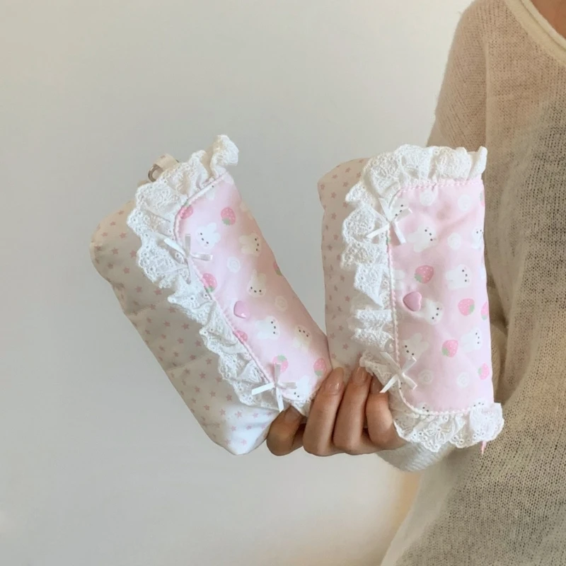 Rabbit Strawberry Print Pencil Case with Lace Trim and Heart Polyester Pen Organiser Storage for School 896C