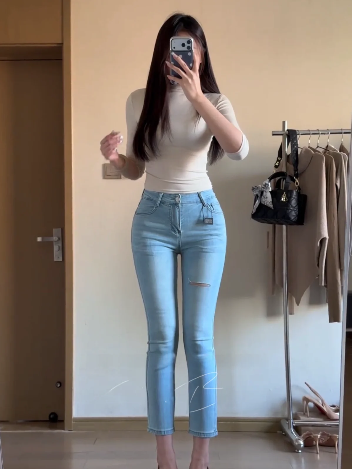 High Waist Stretchy Women's Jeans Korean Sister Vintage Washed Hip Enhancing Skinny Slimming Hole Design Nine Tube Pants