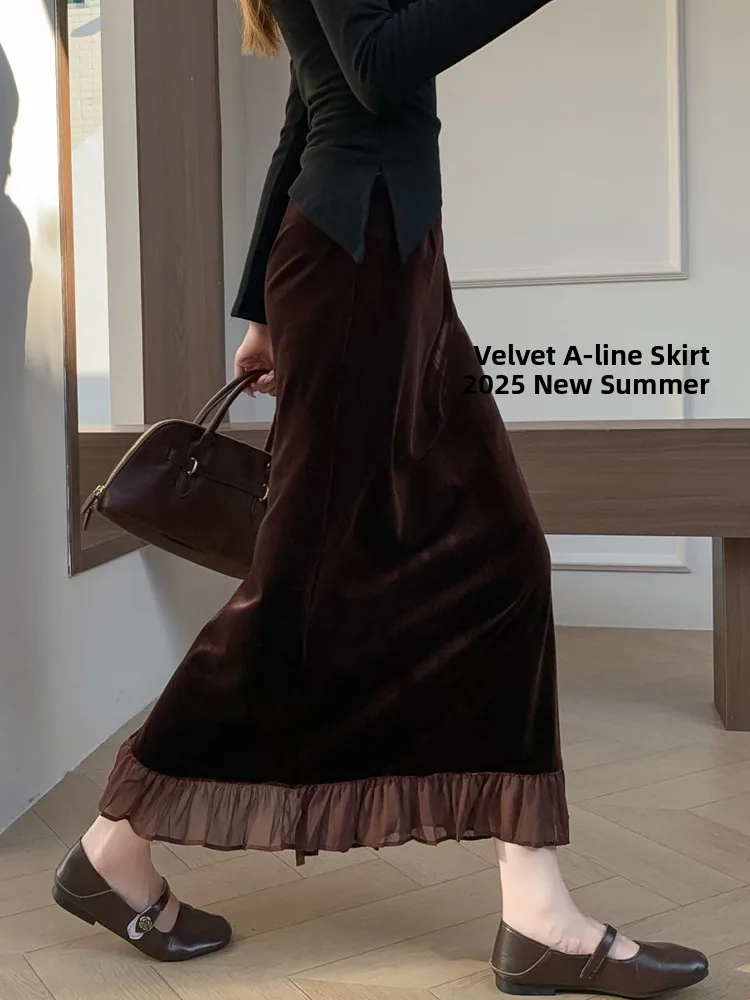 

Caramel Velvet A-Line Midi Skirt Women's Spring Autumn Ba Split Straight Long Skirt Wooden A-Line Wraparound Skirt
