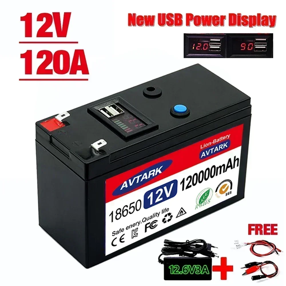 2023 Upgraded 12V 120000mAh Portable Rechargeable Battery Built-in 5V 2.1A USB Power Display Charging Port with +12.6V Charger