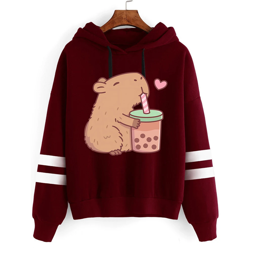 Sudadera con capucha con estampado de Capybara Drinks Boba, sudaderas con capucha con gráficos de dibujos animados divertidos, moda japonesa, camisetas informales de manga larga con capucha para mujer, jerséis