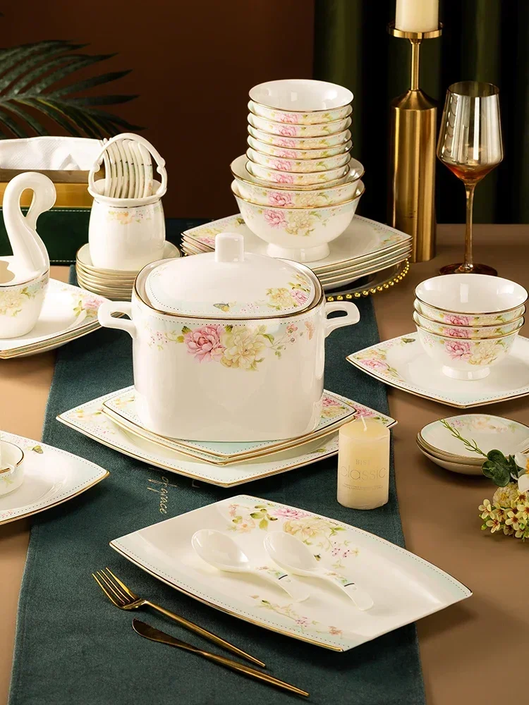 Bowl and Dish Set Light Luxury High-End Housewarming Wedding Bowl and Chopsticks Jingdezhen Dishes and Bowls of Bone China