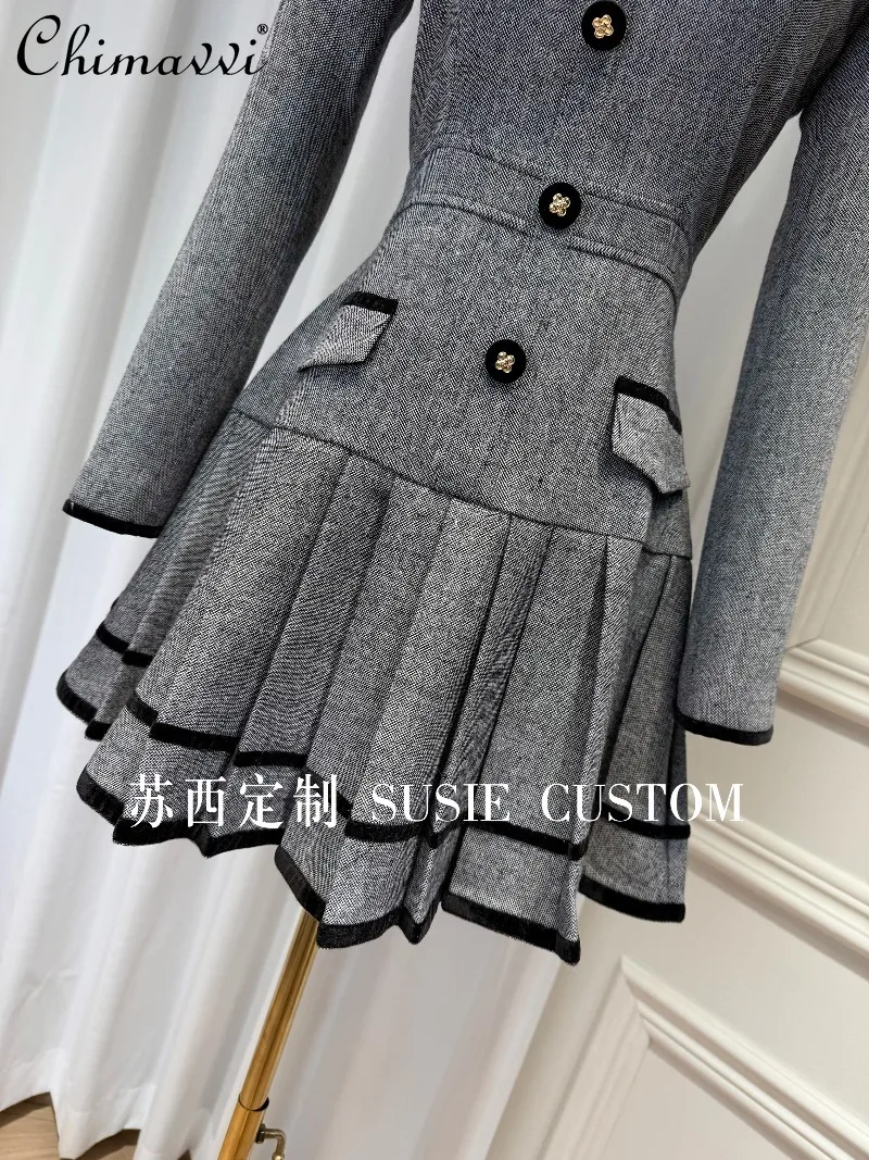 High-end francês gola destacável borboleta botão plissado a linha vestido moda manga longa elegante vestido curto feminino