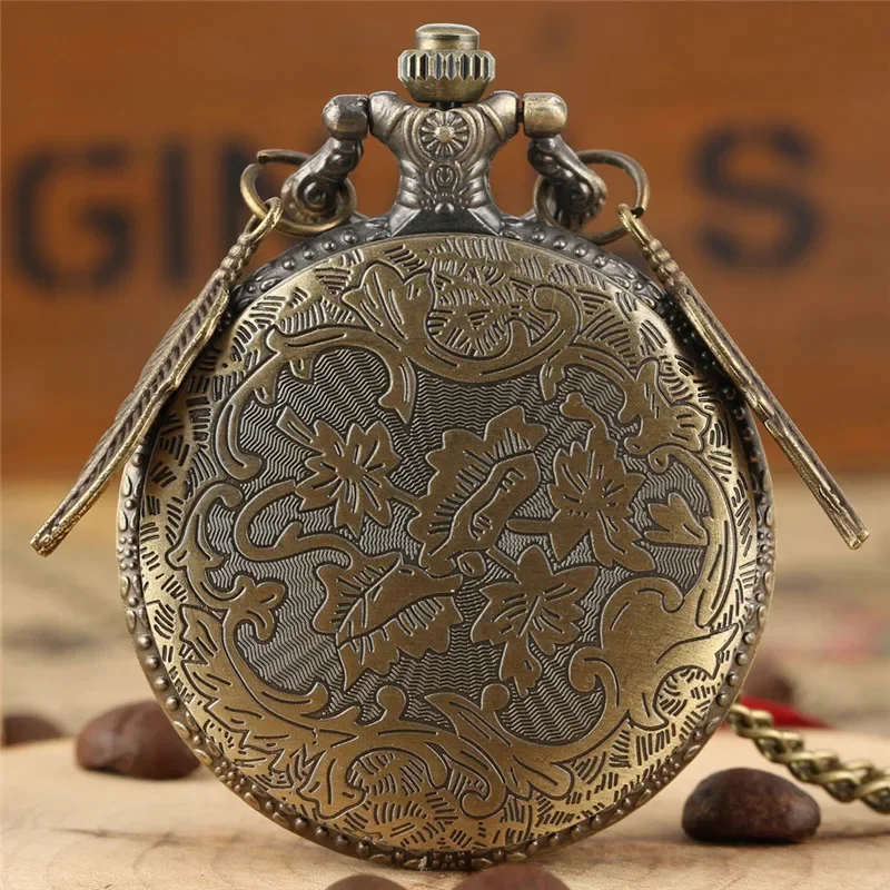 Steampunk Bronze Dinosaur Pattern Men Women Quartz Pocket Watch Arabic Number Clock Necklace Chain with Pendant Leaf Timepiece