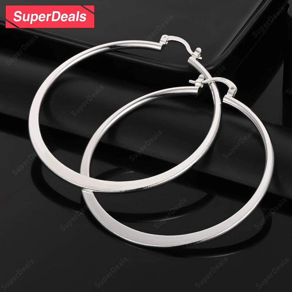 

SuperDeals 55mm 925 Sterling Silver Smooth Flat Round Hoop Earrings Women Fashion Party Birthday Pretty Jewelry Anniversary Gift
