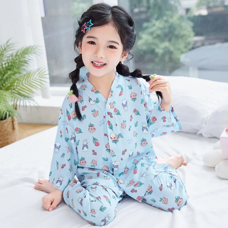 Conjunto de Pijamas Leves de Algodão e Seda para Crianças, Roupas de Casa de Manga Curta, Conjunto para Ar Condicionado, Roup...