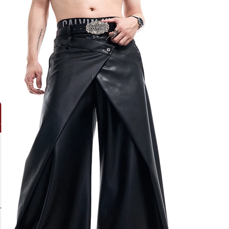 FEWQ Double Fold Design Men\'s PU Leather Pants Autumn Winter Wide Leg Casual 2024 Solid Color Male Trousers Casual 24E2555