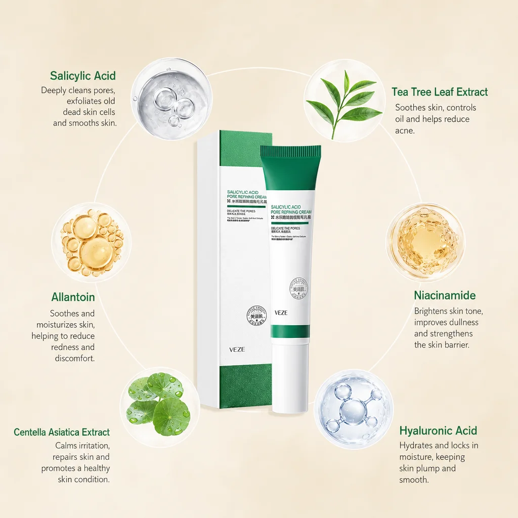 Salicylic Acid Pore Refining Cream Tea Tree Niacinamide Centella Asiatica Oil Control Soothing Exfoliating Facial Skin Care