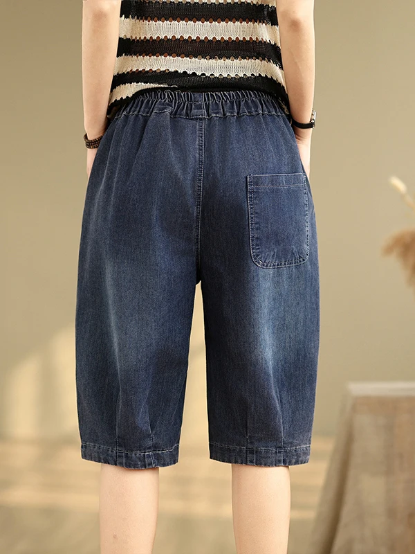 

Summer Thin High Waist Loose Fit Five ket Patchwork Embroidery Contrast Color Denim Pants Blue Harlan Sle Casual Jeans