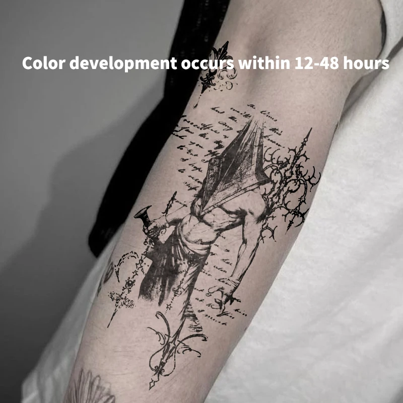 Pyramid Head Gothic Temporary Tattoo Herbal Juice Waterproof Long Lasting Fake Tattoo Sticker Dark Art Body Decal for Men Women