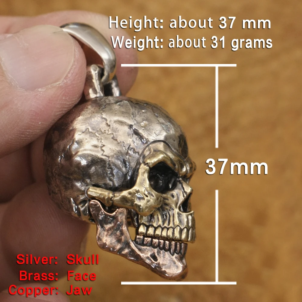 Brass Face Copper Jaw Details 925 Sterling Silver Skull Pendant Punk Jewelry TA382 BZ