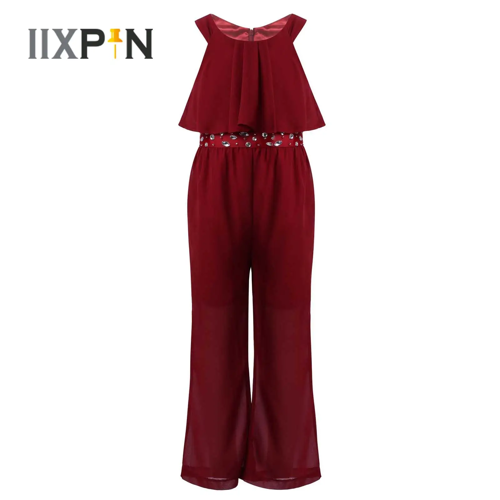 Kinder Meisjes Jumpsuit Zomer Casual Elegante Chiffon Jumpsuit Mouwloze Rits Hoge Taille Wijde Pijpen Playsuits Losse Overalls