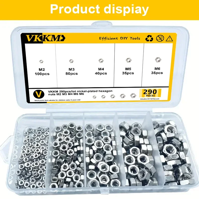 

VKKM 290pcs/lot Nickel - plated Hexagon Nuts M2, M3, M4, M5, M6。Silver, 290 PCS