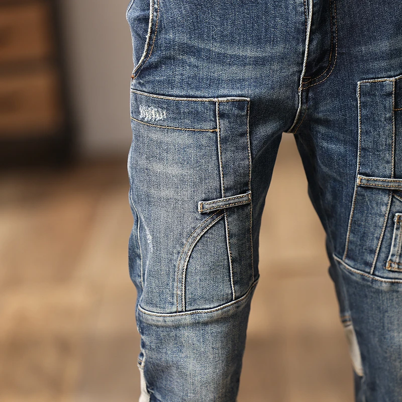 High Street Fashion Men Jeans Retro Blue Stretch Skinny Fit Ripped Jeans Men Spliced Designer Hip Hop Denim Biker Pants Hombre