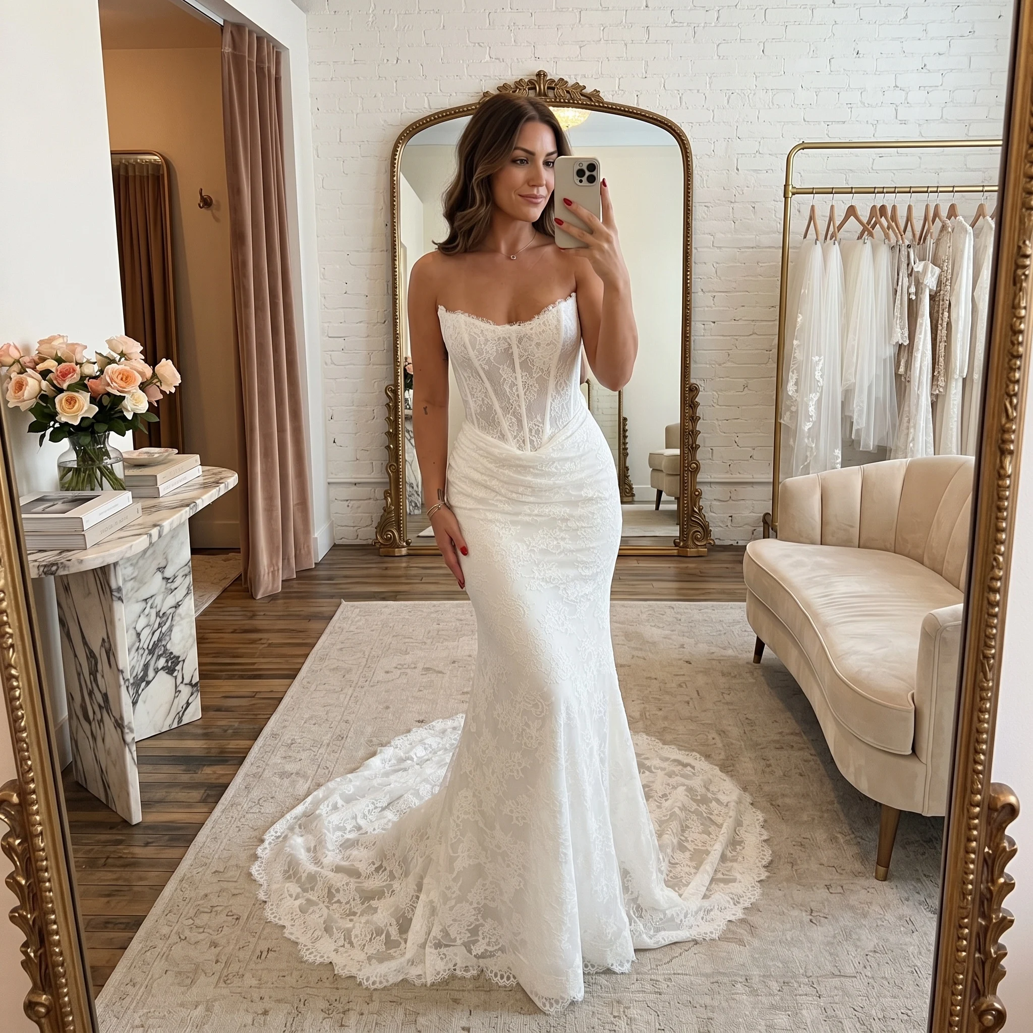Strapless Corset Mermaid Wedding Dress Full Floral Lace Scalloped Train Boho Bridal Gown Custom Ivory Vintage Vestido De Novia