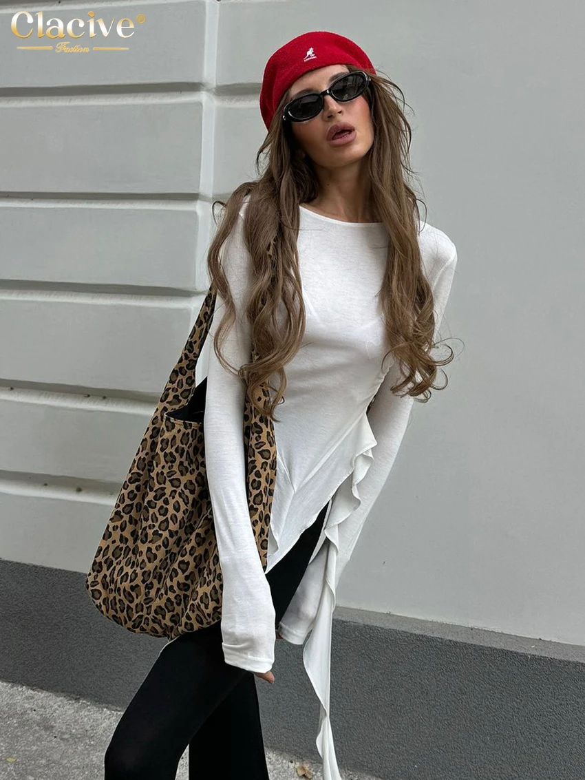 Clacive Bodycon White Knitted Women T Shirt 2025 Fashion Slim O-Neck Long Sleeve T-Shirts Elegant Irregular Top Female Clothing