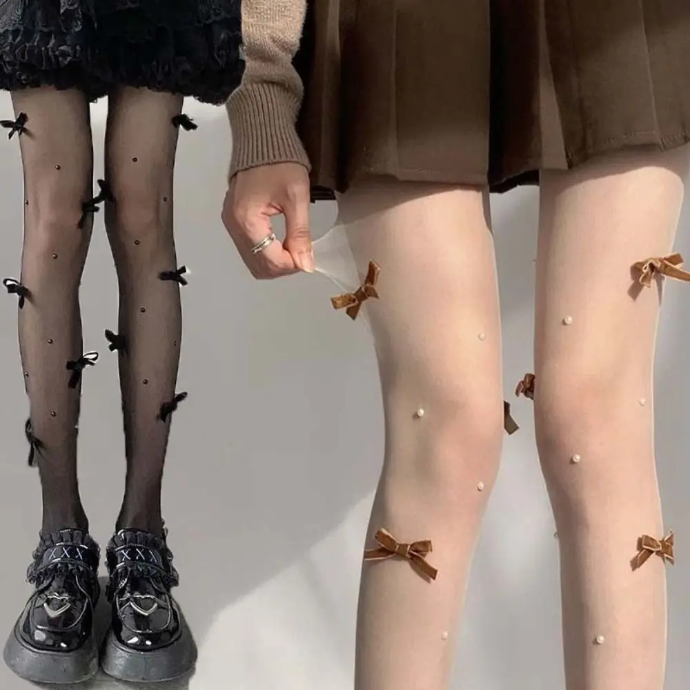

Comfortable Mesh JK Lolita Pantyhose Transparent Breathable Sweet Girls Stockings Ultra-Thin Bowknot Pearl Pantyhose Ladies