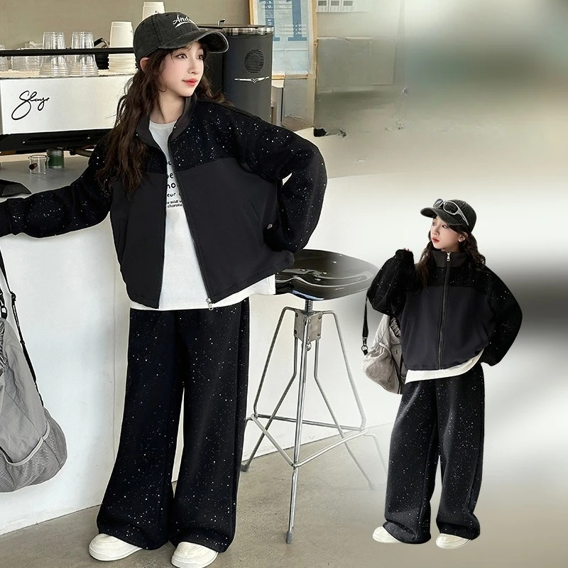 

design teen girls shining sport clothes set Korean zipper jacket+wide-leg pants 2pcs 4-14 junior kid sport suit child sportswear