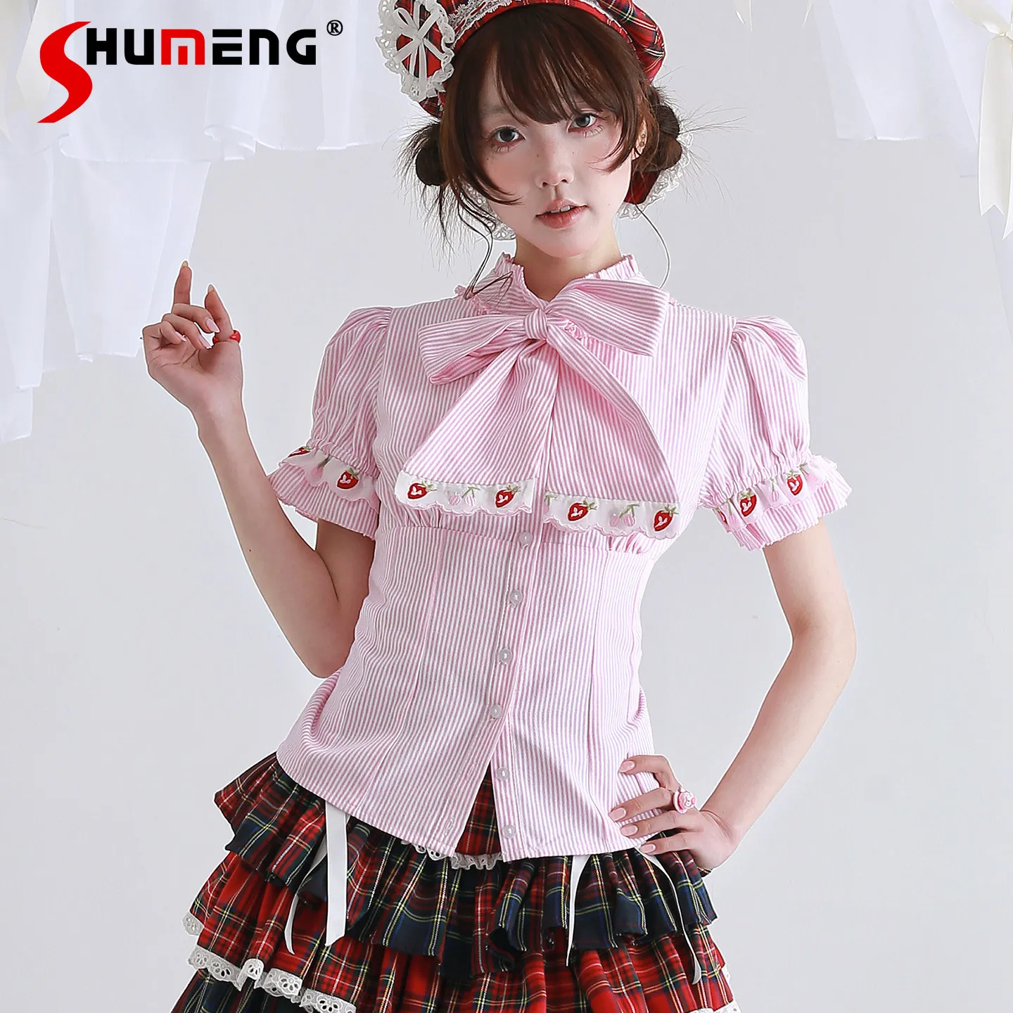 

Original Japanese Retro Cute Pink Striped Short-sleeved Top Kawaii Girl's Lolita Strawberry Embroidered Shirt Plaid Strap Skirt