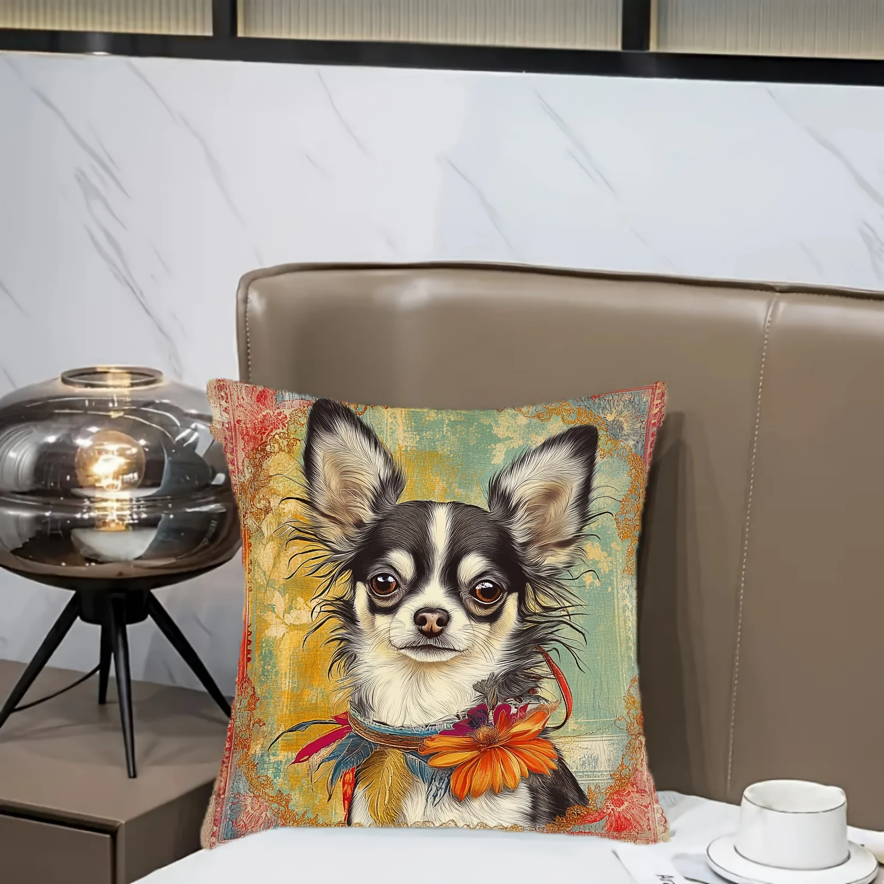 Decorative Chihuahua Dog Portrait Pillowcase Throw Cushion Cover Whimsical Floral Art Print Home Accent Decor for Pet Lovers