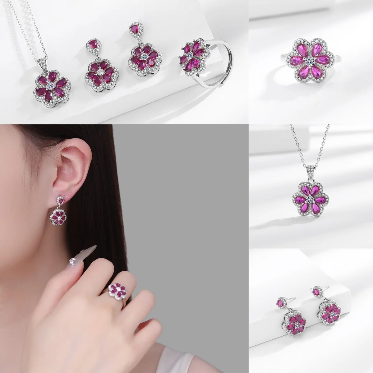

Exquisite 925 sterling silver new inlaid red corundum water drop classic shiny high-end full diamond earrings ring necklace set