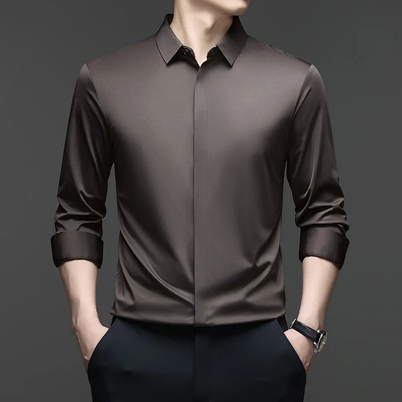 

Mens Seamless Long Sleeve Dress Shirts Casual Business Tops Breathable Wrinkle Resistant Lightweight Formal Office Wear