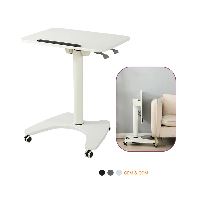 One-touch Manual Rolling Presentation Cart Stand up Pneumatic Lifting Lecture Table Mobile Standing Desk With Tiltable Desktop