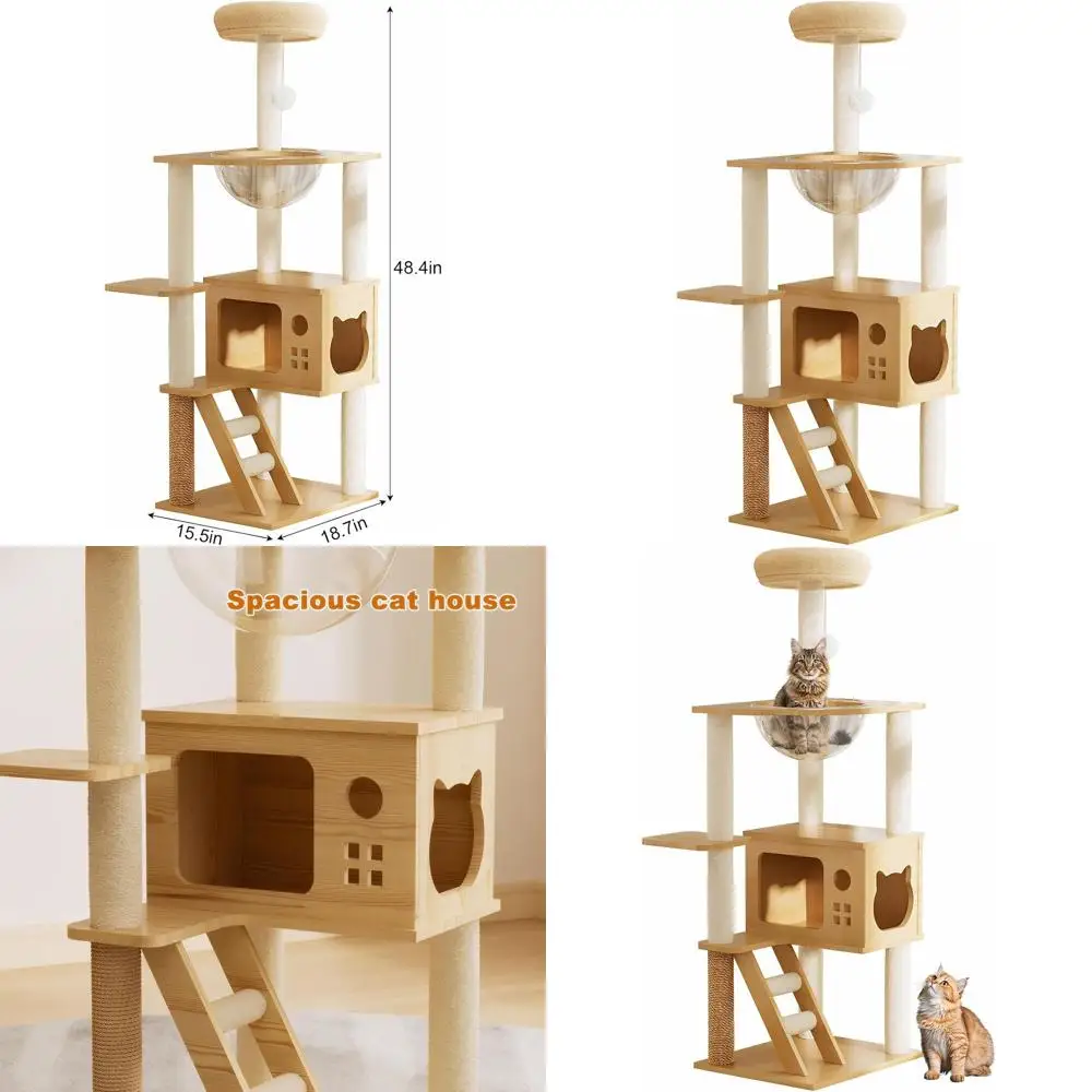 

Beige Tall Wooden Cat Tower with Scratching Post, Hammock, Perch, and Toy Ball for Large Indoor Cats