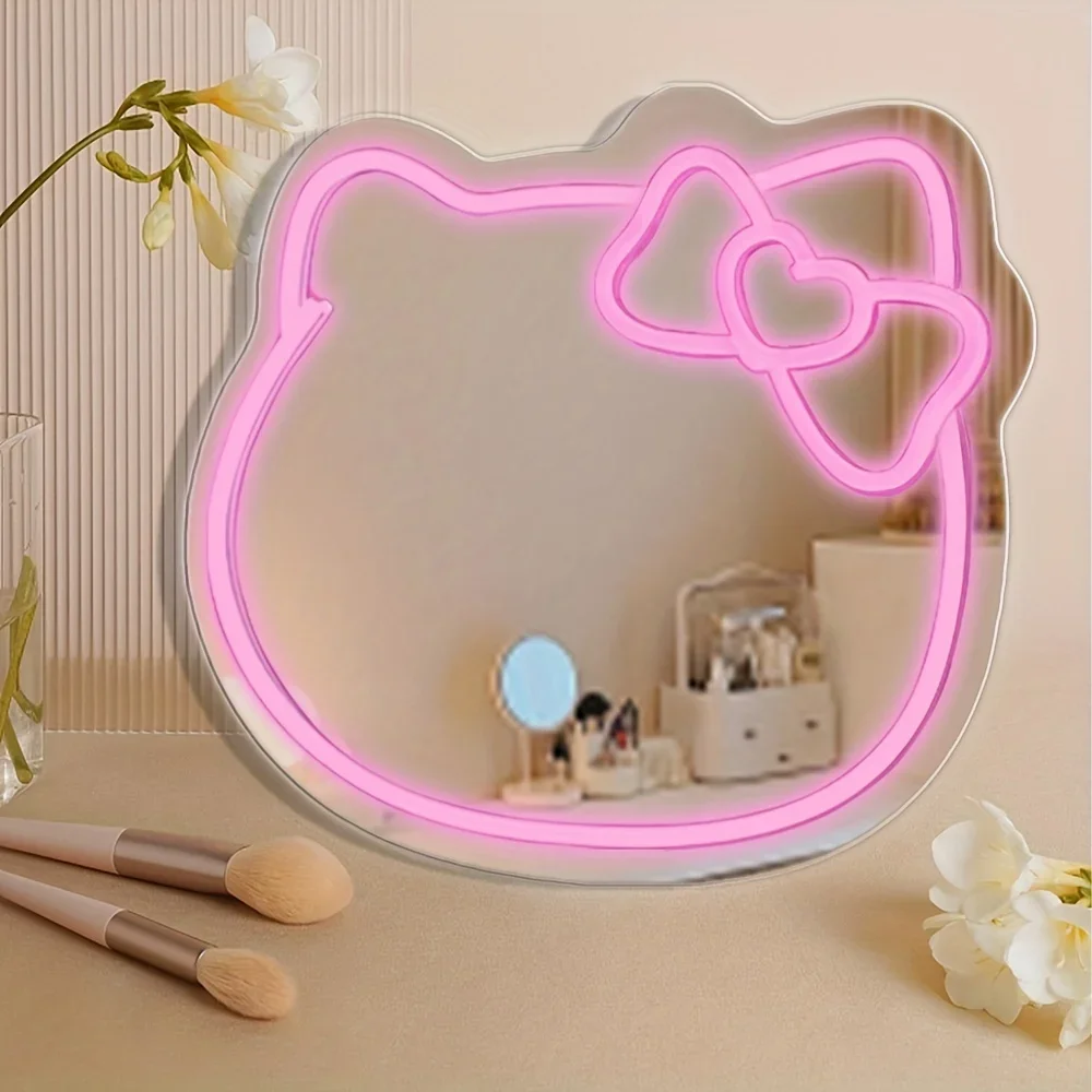 Różowy Hello Kitty Neon LED kot lustrzany znak dla dekoracja sypialni salonu piękności i studia dekoracyjna lustro do makijażu ścienna i sztuka