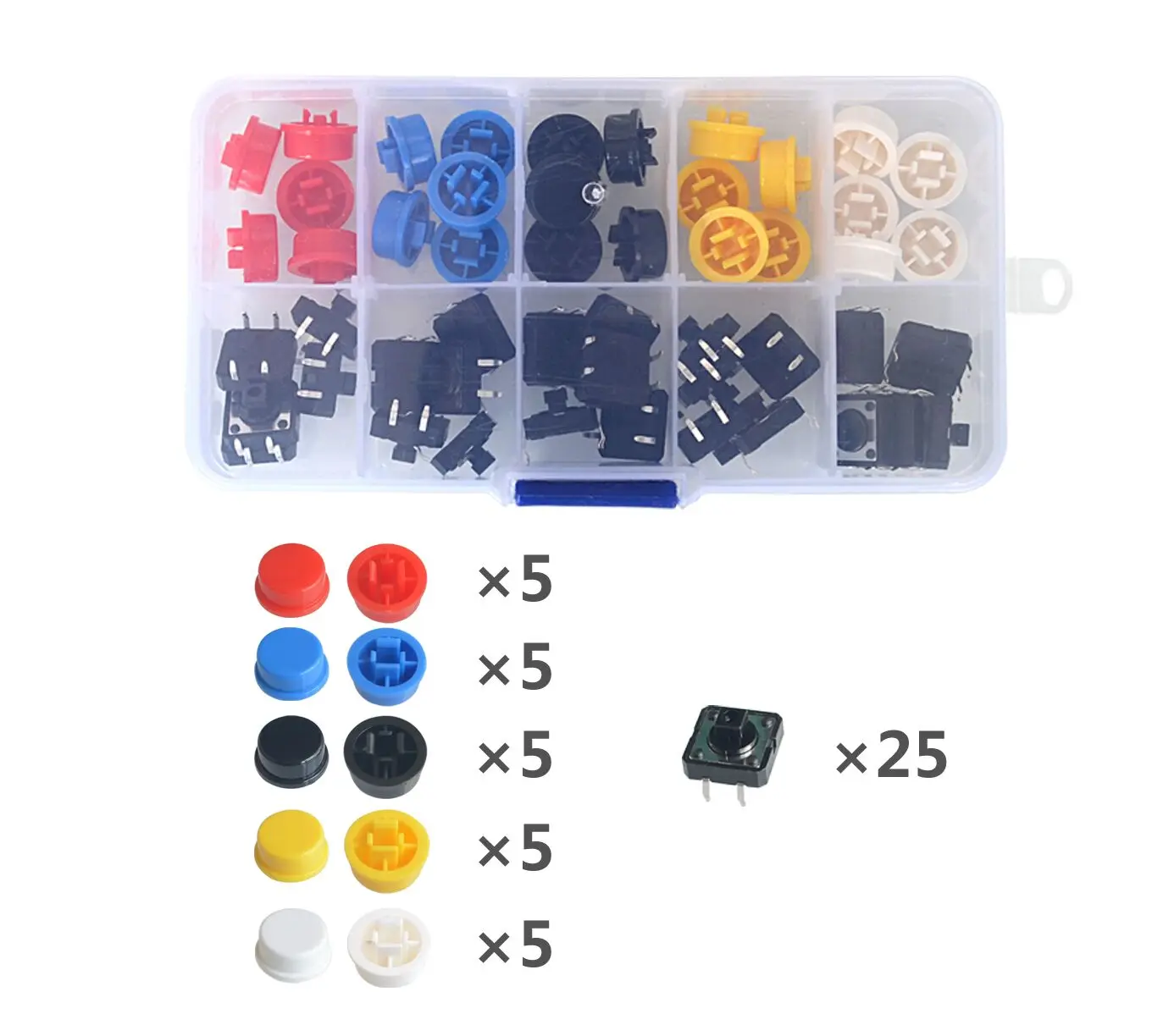 5 Colors 12*12*7.3MM Micro Switch Button Tact Cap Tactile Push Button Switch Momentary 25Pcs/Set