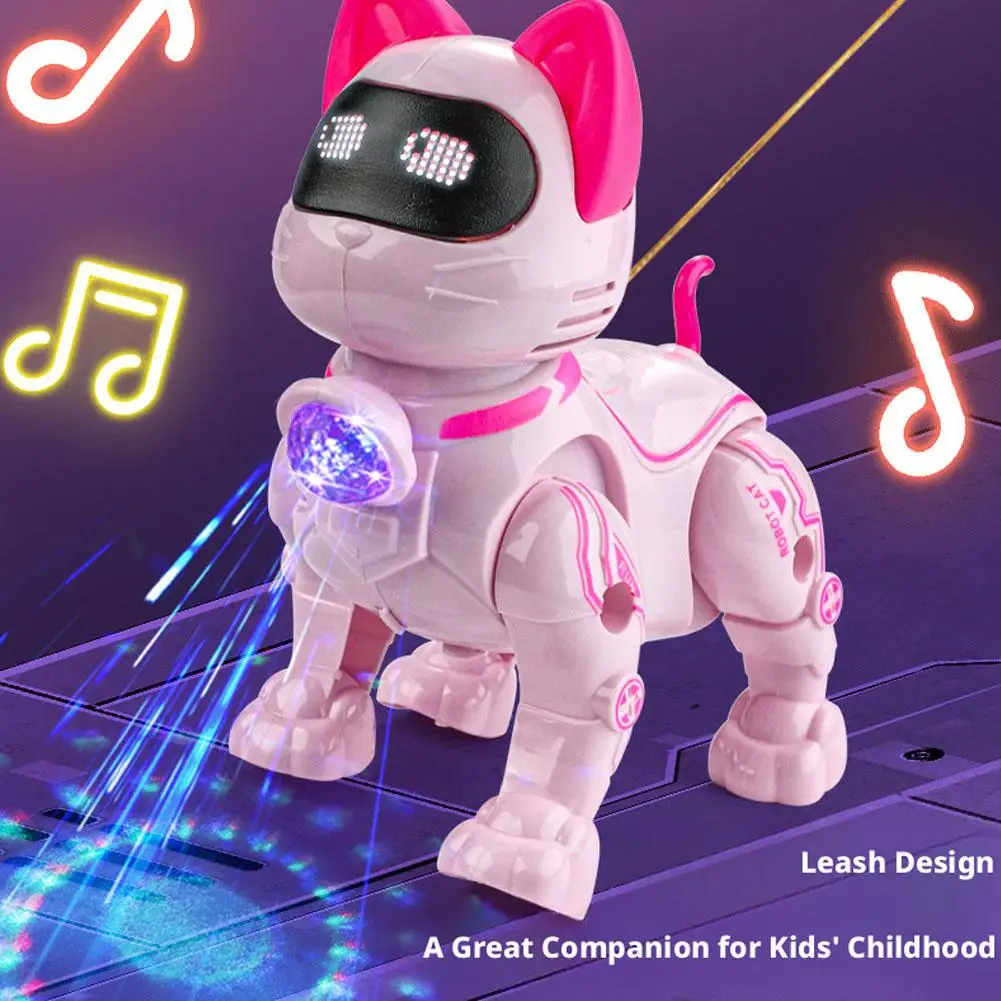 Children's Electric Robot Cat with Leash, Walking Singing Pet Toy with Lights Music, Interactive Plush Kitten for Kids Gift 1pc