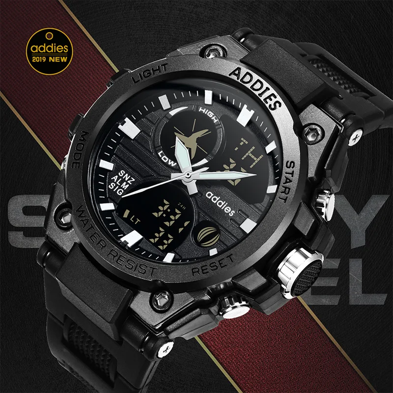 ADDIESDIVE New Sport Watches for Men Waterproof LED Clock Alarm Dual Display Quartz Wristwatch MilitaryStudent Fashion Qm Watch