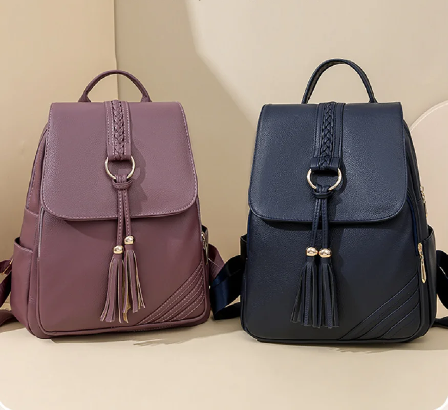 New Fashion Tassels High Quality Leather Travel Backpacks Women's Large Capacity Shoulder Bags Totes Laptop School Bag