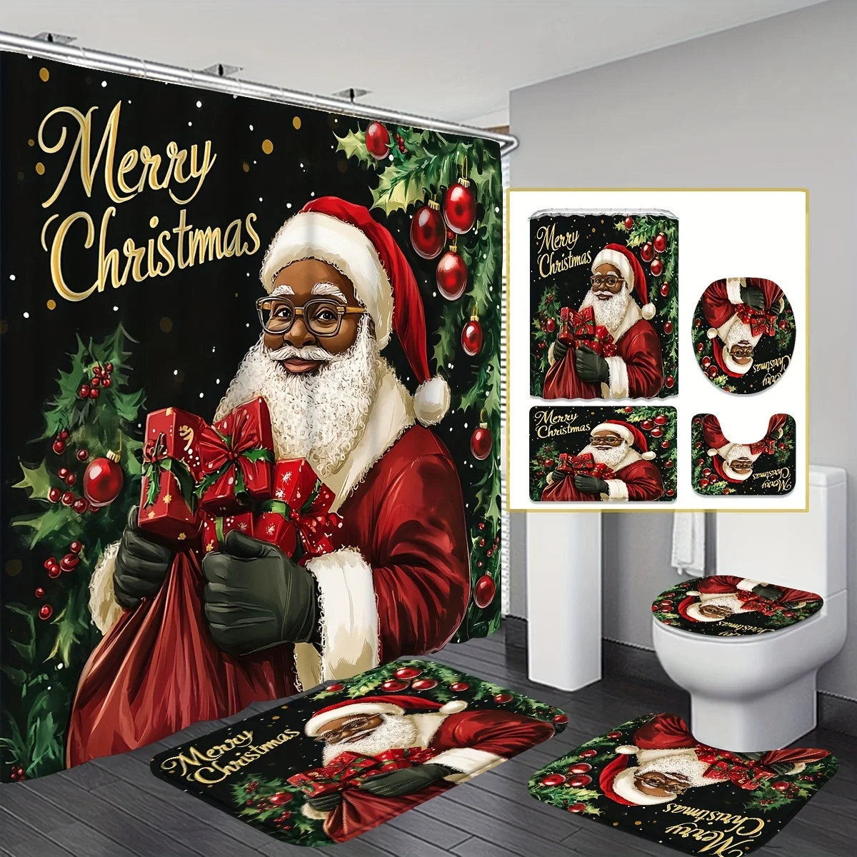 

Набор занавесок для душа Санта-Клауса, 4 шт., с крючком и U-образным чехлом на сиденье унитаза, аксессуары для ванной комнаты, рождественские украшения