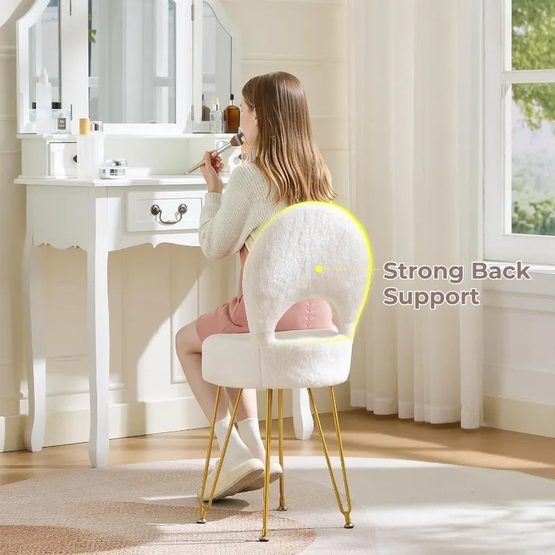 Faux Fur White Small Vanity Chair & Stool - Folding Back Storage Ottoman, Anti-Slip Golden V-Leg for Bedroom Makeup Room view 3