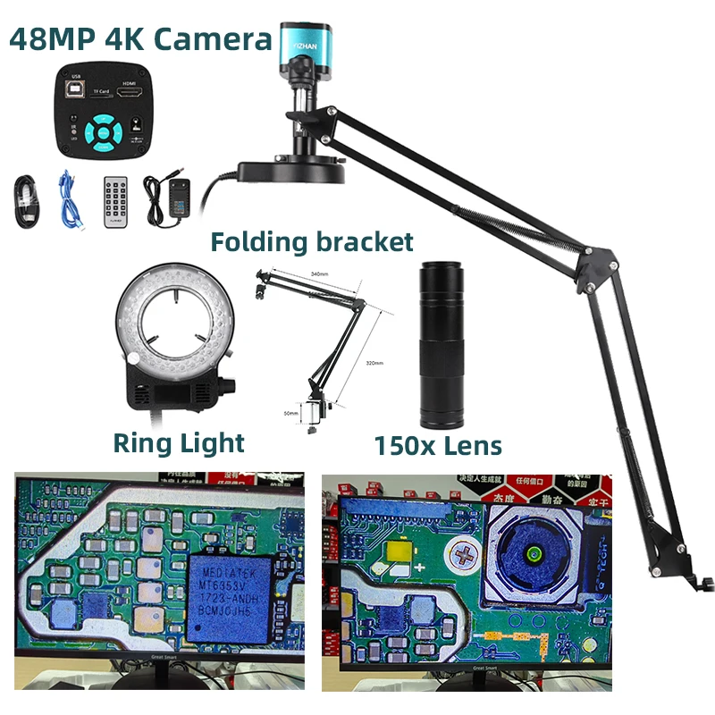 48MP 4K Electronics Microscope 1080P HDMI USB Industrial Digital Camera 150X Lens LED Light Foldable Bracket For RepairSoldering