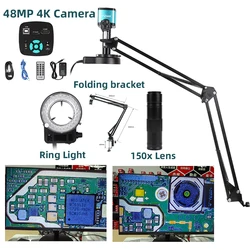 48MP 4K Electronics Microscope 1080P HDMI USB fotocamera digitale industriale 150X Lens LED Light staffa pieghevole per riparazione