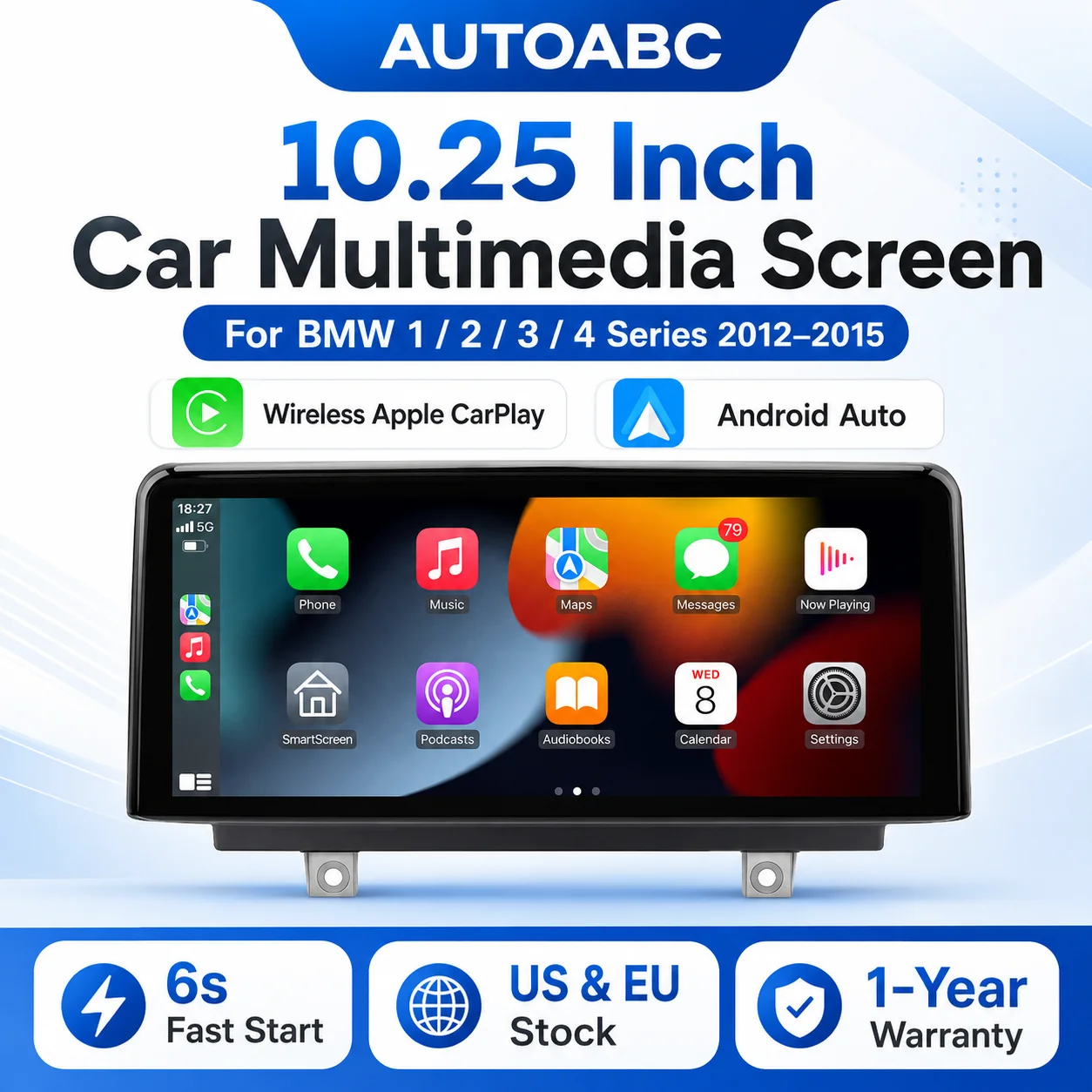 AUTOABC Écran tactile multimédia 10,25 pouces 1920*720, CarPlay sans fil, Android Auto pour BMW Série 1, 2, 3 et 4 F20, F21, F22, F30, F31, F32, F33 avec caméra de recul, navigation et Bluetooth