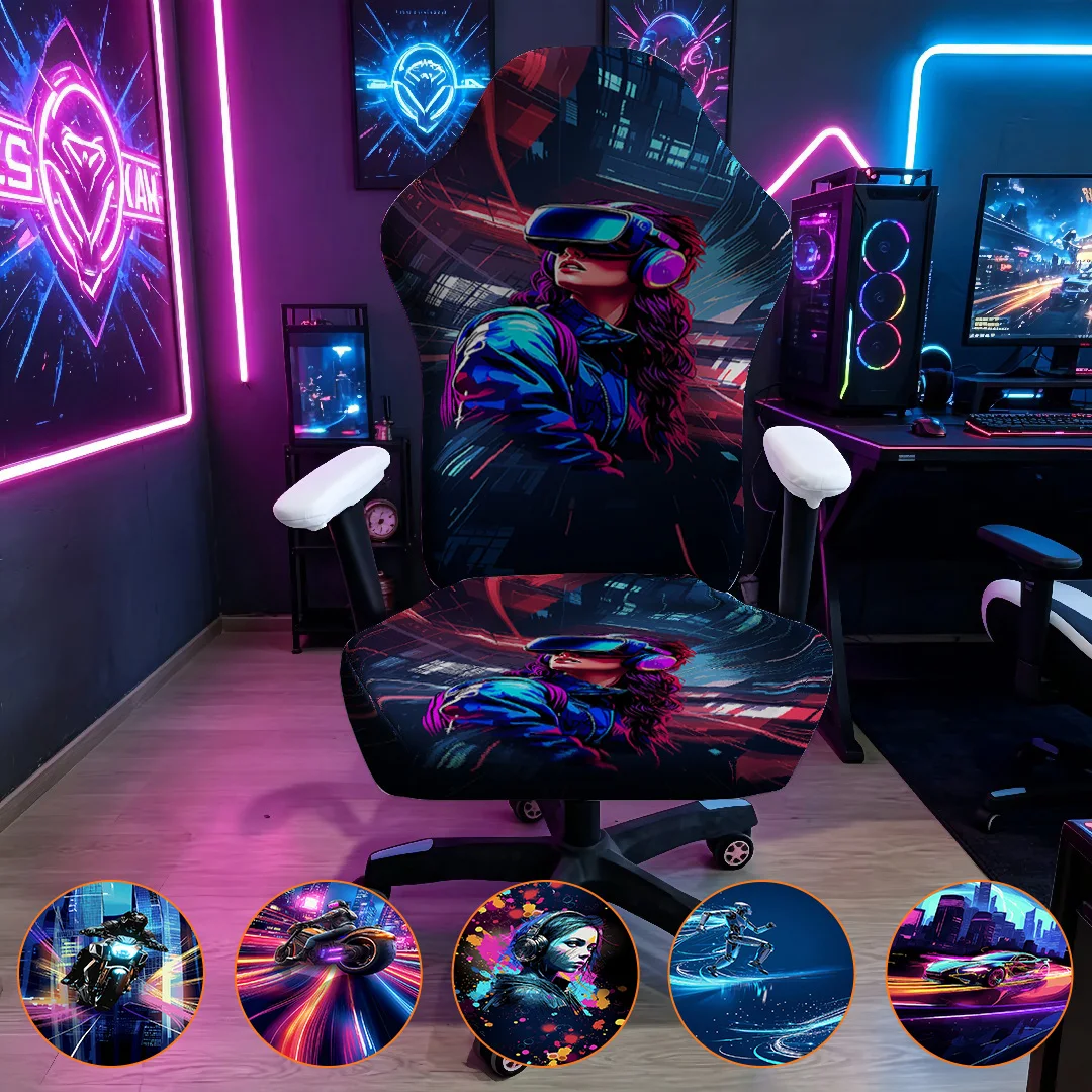 High Stretch Gaming Chair Cover, Washable Anti-slip Universal Fit, Cyberpunk VR Girl Print Office Home