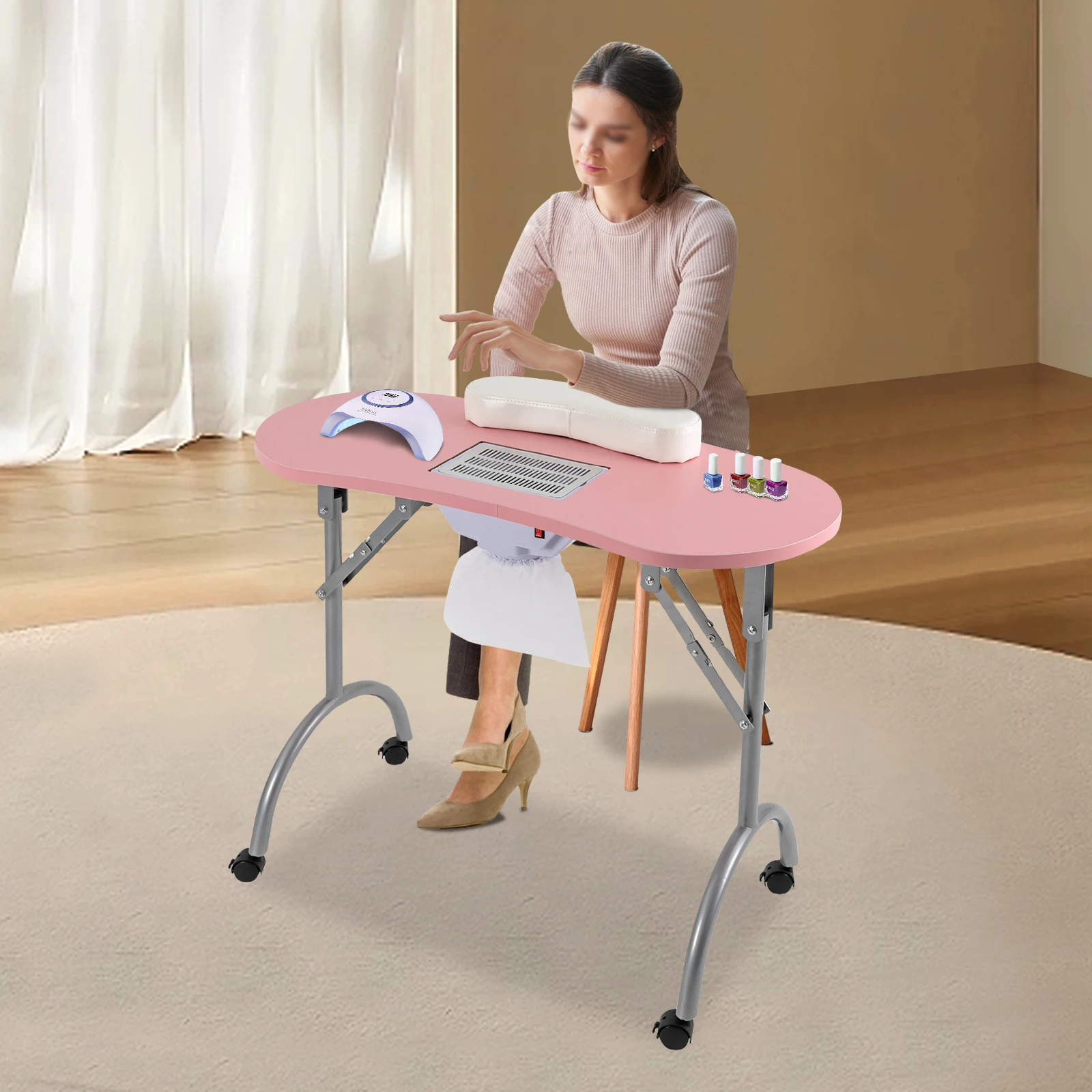 Foldable Nail Table w/Wheels Multifunctional Portable Manicure Table with MDF Table Top for Households