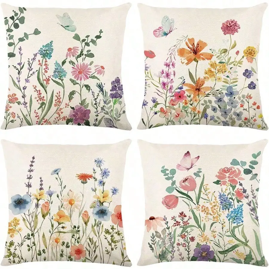 4Pcs, Watercolor Wildflower Butterfly Pattern Pillow Covers, Single-Sided, Zipper Closure, Machine Washable Polyester - Perfect for Sofa, Living Room, Bedroom Decor, Decorative Pillows.