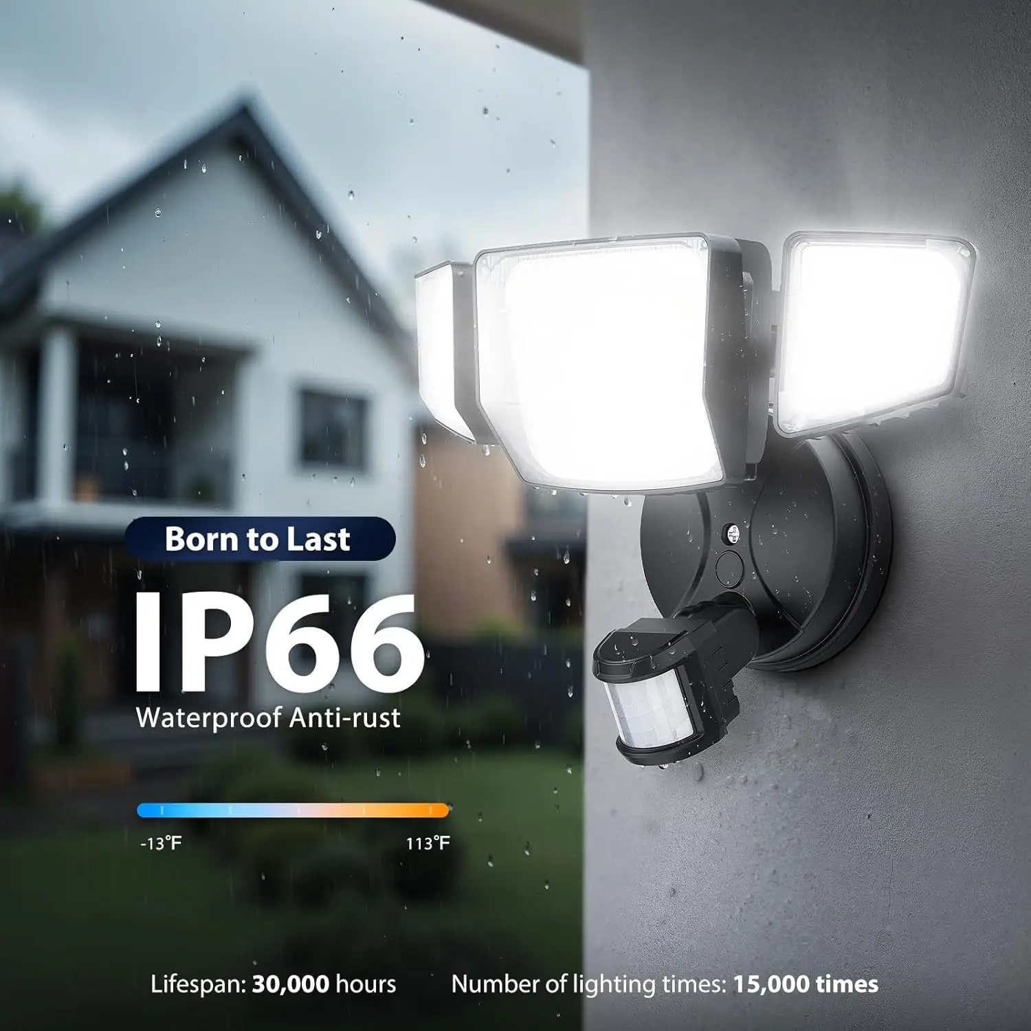 Luzes de inundação externas com sensor de movimento LED 90W 10000LM, iluminação de segurança de 4 cabeças do anoitecer ao amanhecer, IP66 à prova d'água preta