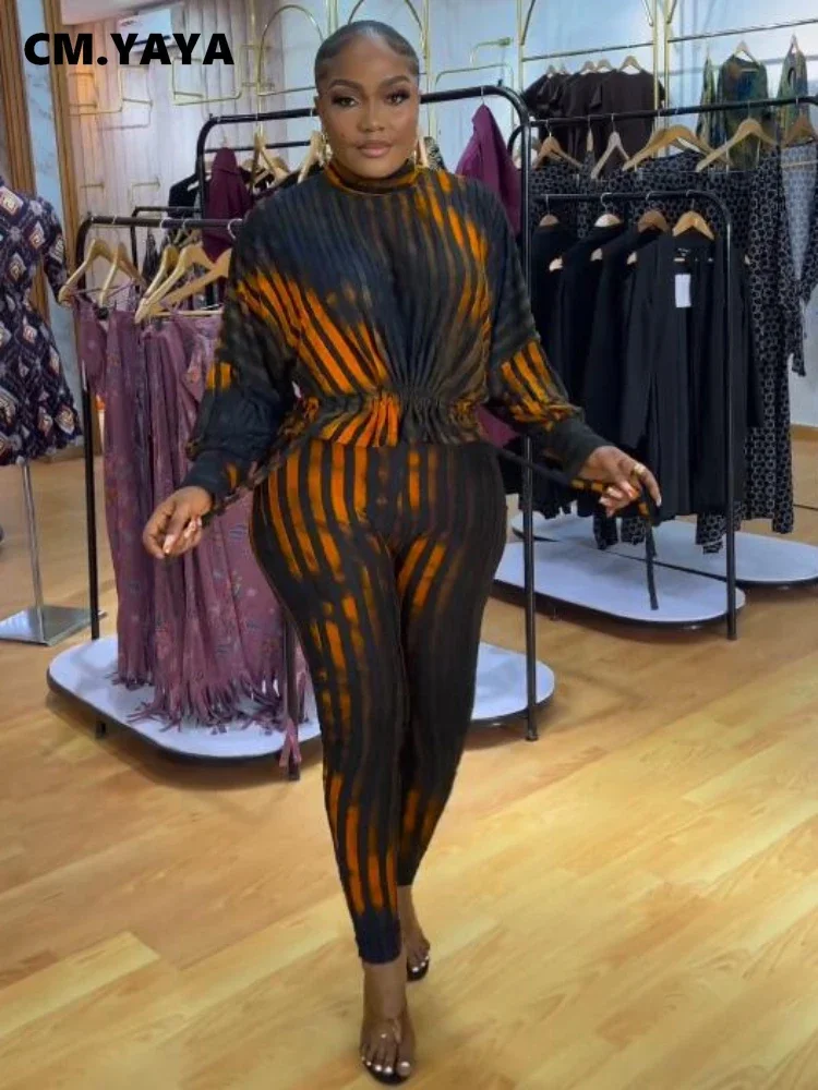 CM.YAYA Fashion Tie Dye Striped Women's Set Long Sleeve Ruffles T-shirt and Legging Pants 2023 Two 2 Piece Sets Outfit Tracksuit