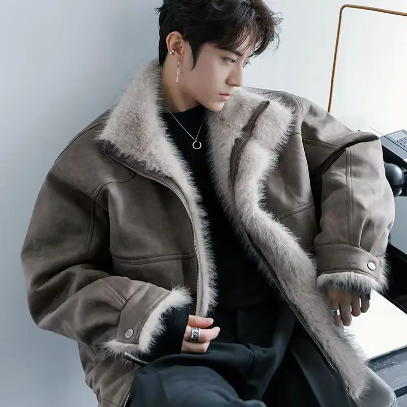

Men's collar, winter loose fit with plush and thick insulation, imitation suede fur jacket