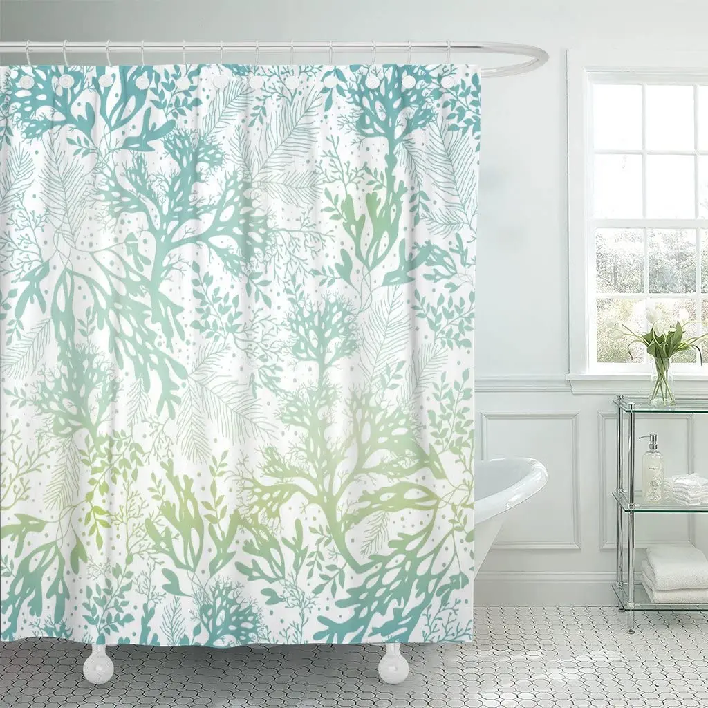 Shower Curtain Green Sea Blue Freen Ocean Seaweed Great for Elegant Gray Waterproof Polyester Fabric 60 X 72 Inch Set with Hooks