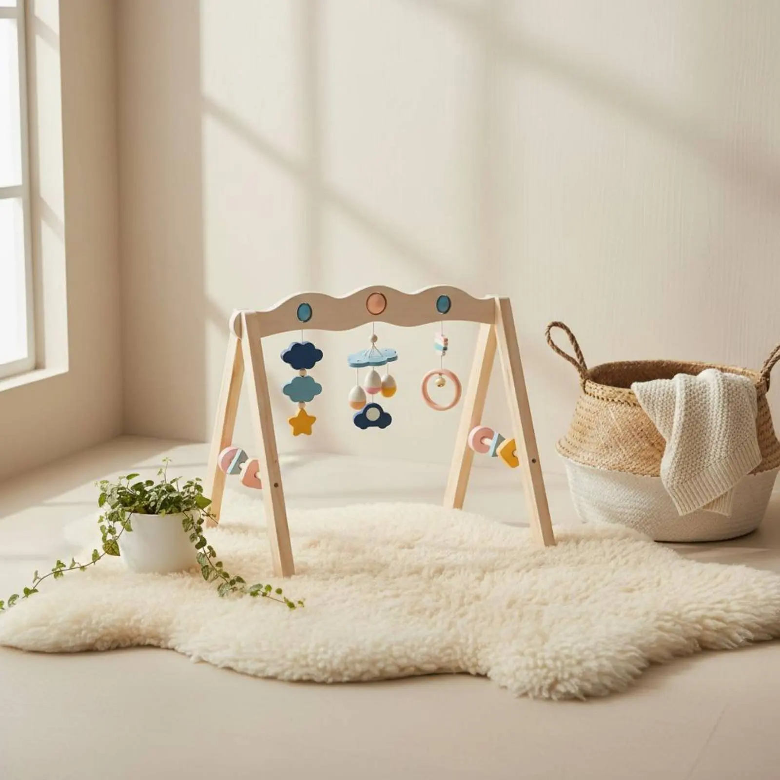 Wooden Baby Gym Nordic Design Wooden Infant Play Gym Hanging Toy Stand Tummy Time Hand-Eye Coordination for Infants view 6