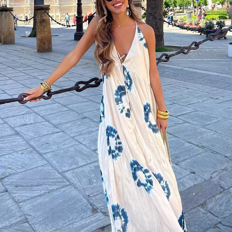 Spring Deep V Neck Tie-up Bow Hollow Dress Sexy Big Backless Lady Long Maxi Dress Women Sleeveless Print Summer Beach Boho Dress