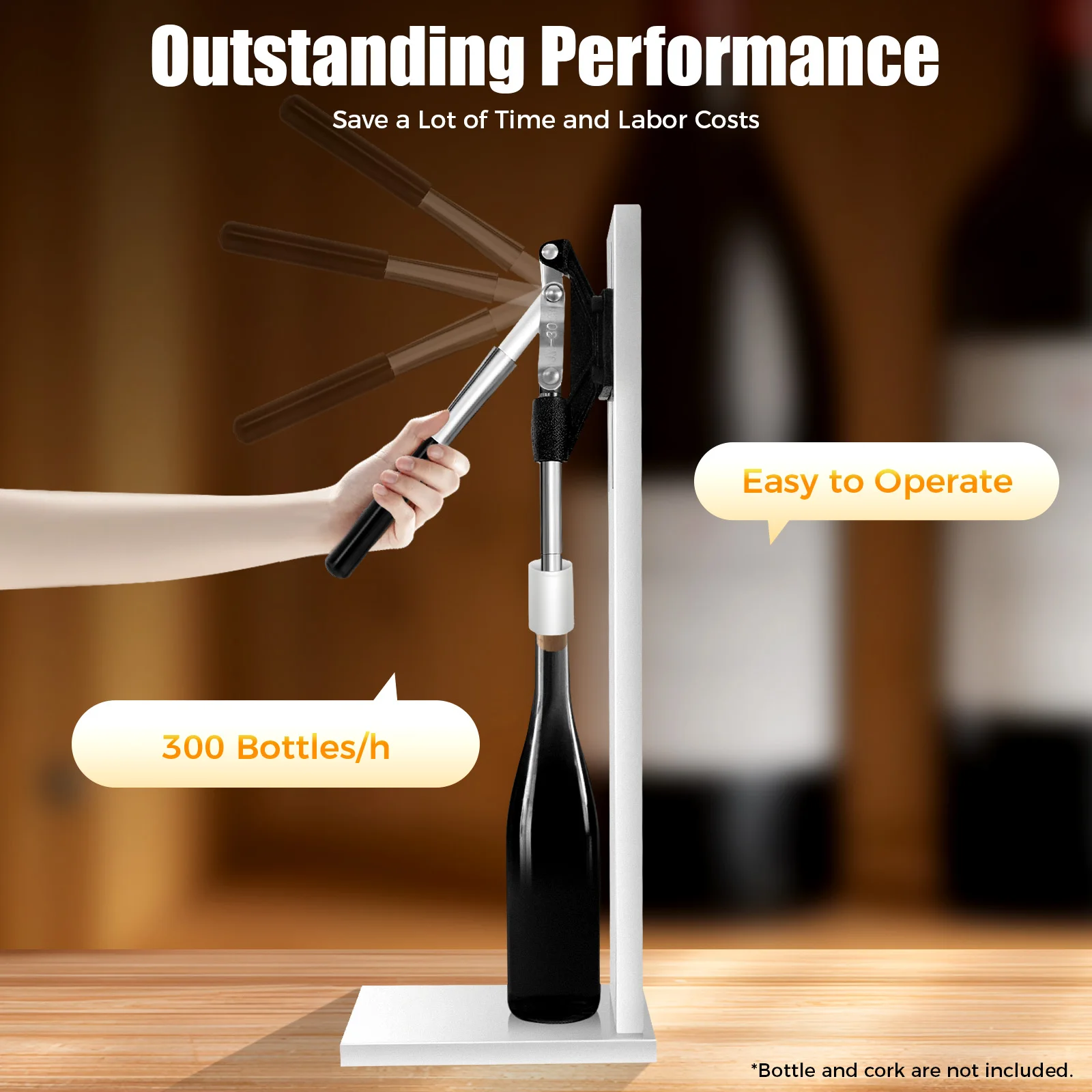 Stainless Steel Cork Stopper Machine Manual Wine Bottle Cork Machine 2 Pom Covers Height Stopper Depth Adjustable for Wineries, Wine Producers, Bars, Restaurants, Hotels, Wine Lovers, Banquets, Parties