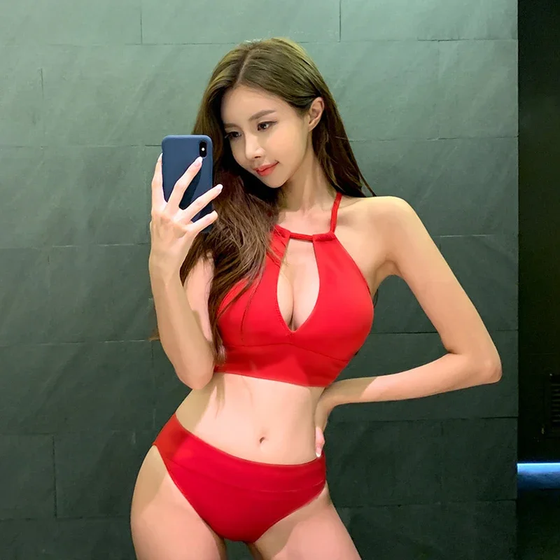 Korean Style Cut Out Bikini Set Women Biquini High Neck Swimwear Low Waist Swimsuit Micro Red Beach Suit 2024 Femme Swimwear