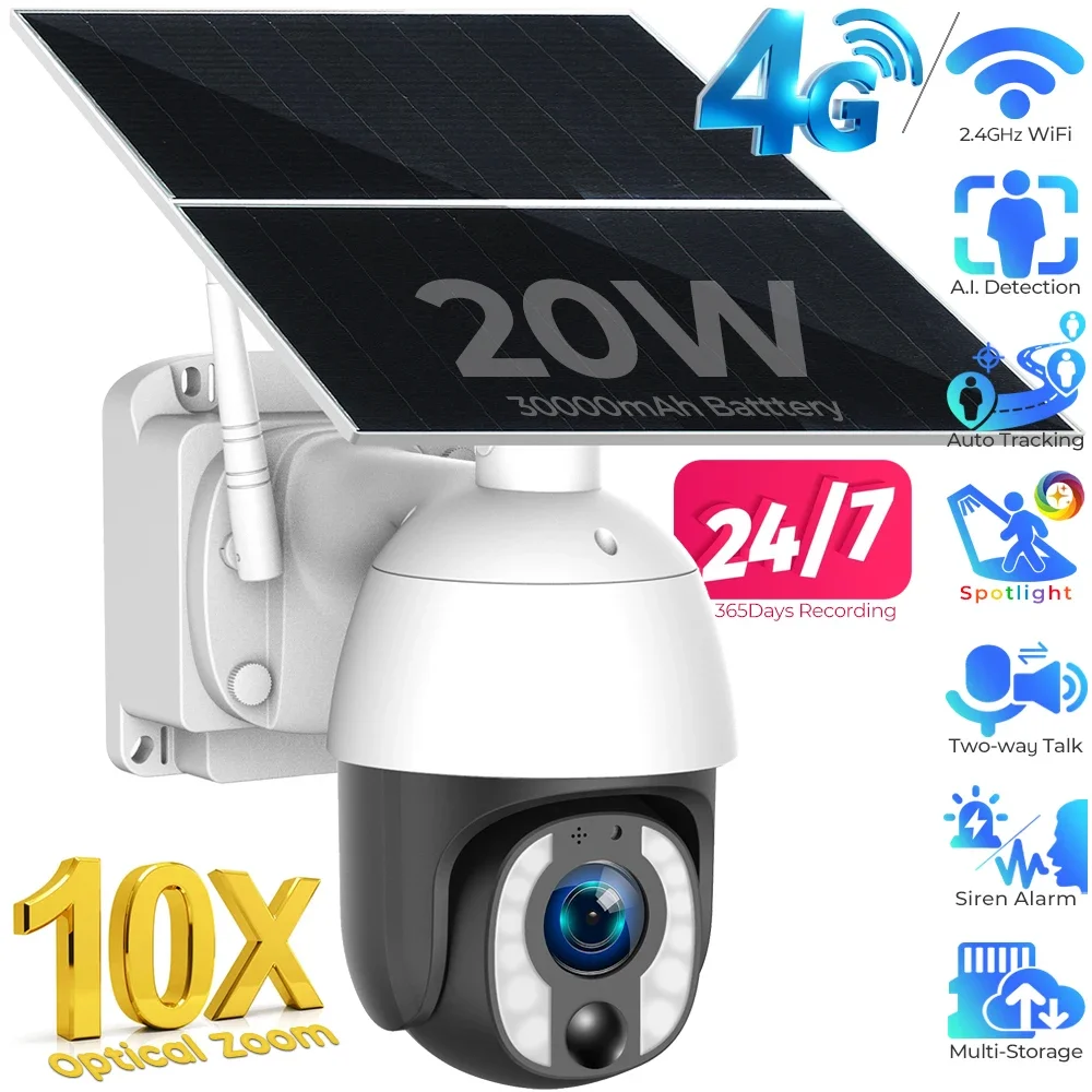 

10X Optical Zoom 24-7 Recording Solar Camera 5MP WiFi /4G LTE Sim Card PTZ IP Camera 20W Solar Panel Full Metal Security Cameras